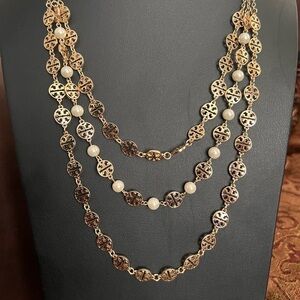 TORY BURCH• Vintage Triple layered Goldtone logo and pearl necklace